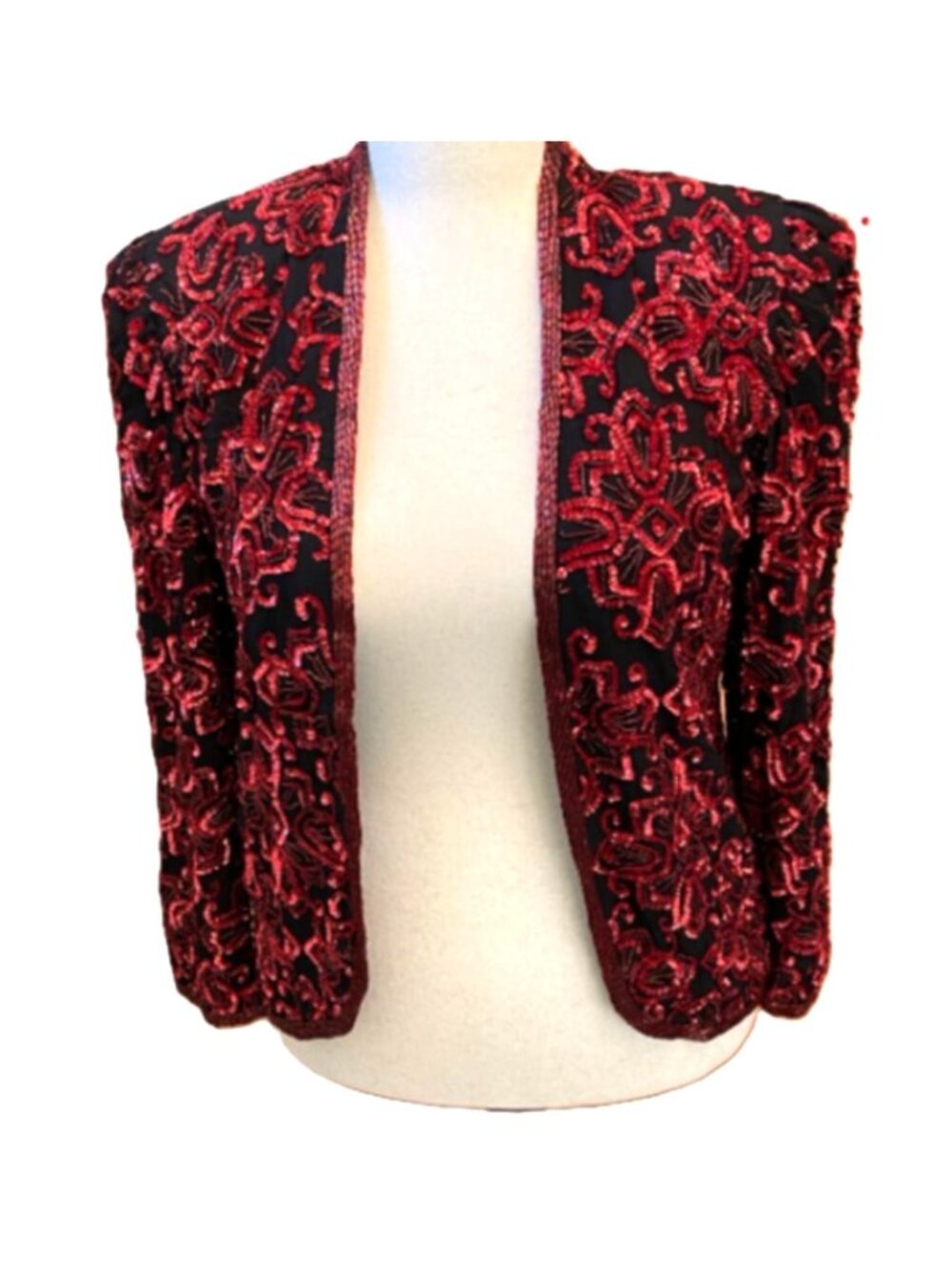 Vintage Adrianna Papell Evening Silk Beaded Jacket Sequin Red Black Medium
